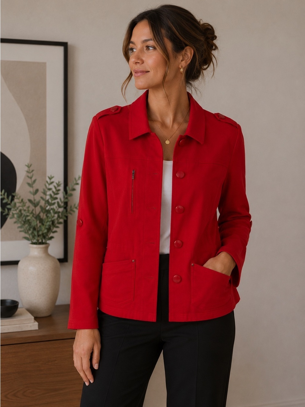Bianca Nygard Red Button-Front Jacket Size 10 Classic Tailored Office Workwear